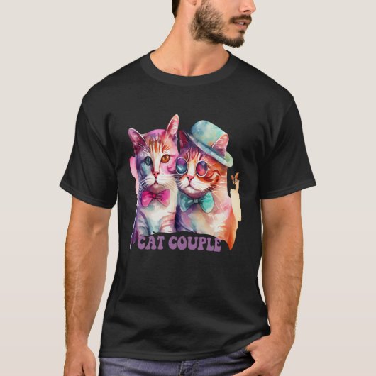 Cute Cat Couple With Hat And Glasses For Cat Tシャツ (正面)