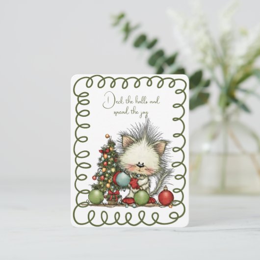 Cute Cat Decorating the Christmas Tree シーズンカード (スタンド正面)