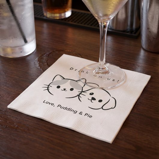 Cute Cat & Dog Line Art "Drink on Us!" Cocktail Na スタンダードカクテルナプキン