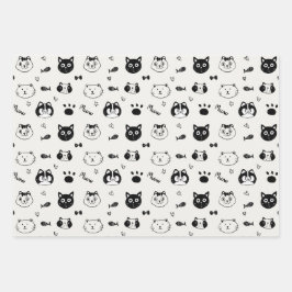 Cute Cat Doodle Pattern – Black and White Cat Face ラッピングペーパーシート