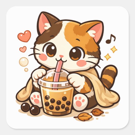 Cute Cat Drinking Bubble Tea | Kawaii Cat Design スクエアシール (正面)