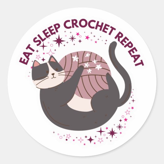 Cute Cat Eat Sleep Crochet Repeat ラウンドシール (正面)