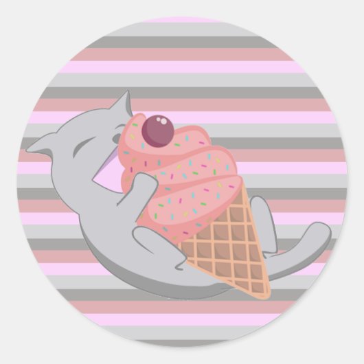 Cute Cat Eating Ice Cream Striped ラウンドシール (正面)