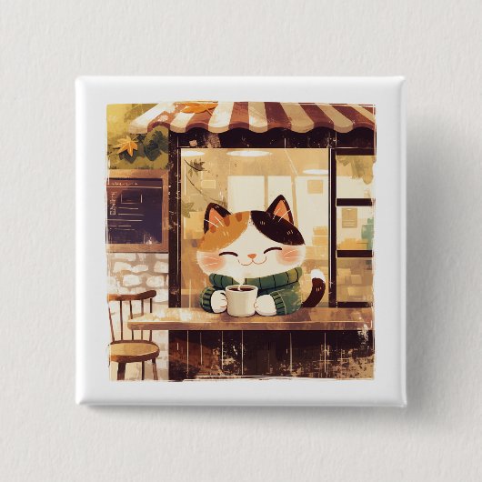 Cute Cat Enjoying Coffee at Cozy Cafe 缶バッジ (正面)