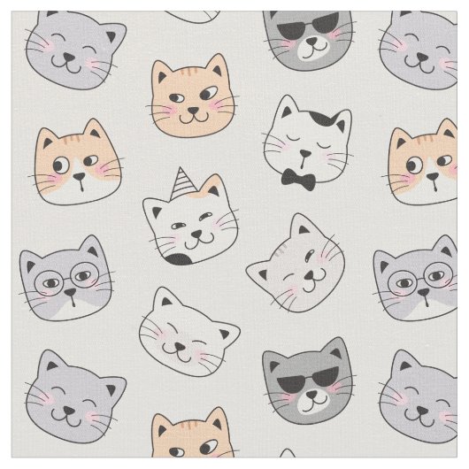 Cute Cat Faces Cotton Fabric ファブリック (クローズアップ)