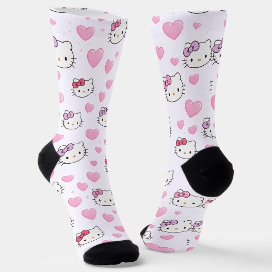 Cute Cat Faces & Hearts Pattern Kawaii Style ソックス (傾斜あり)