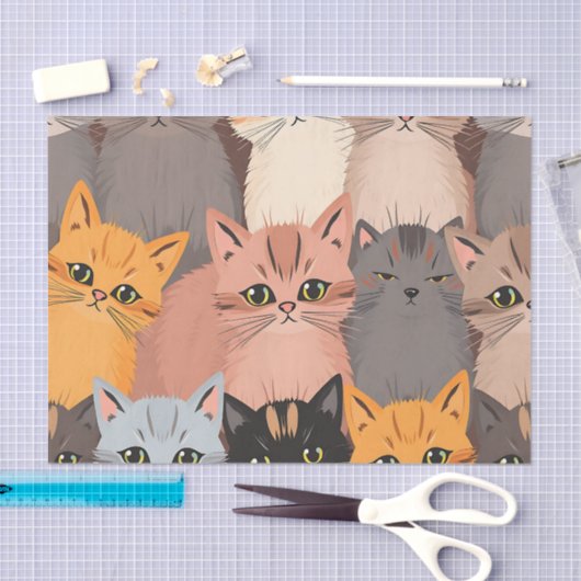 Cute Cat Faces Illustrated Pattern 薄葉紙 (クラフト)