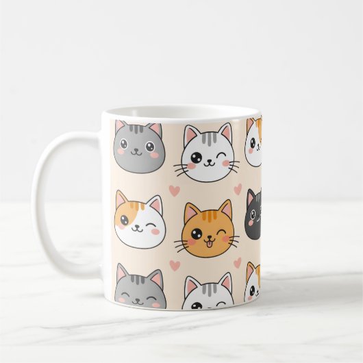Cute Cat Faces Kawaii Cat Pattern コーヒーマグカップ (左)