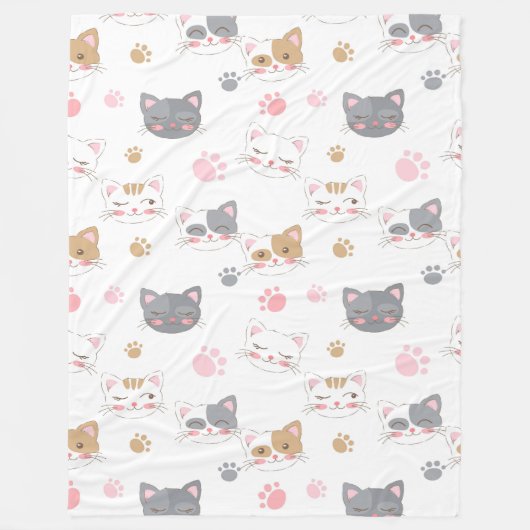 Cute cat faces smiling cats pattern フリースブランケット (正面)
