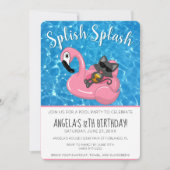 Cute Cat Flamingo Kids Birthday Pool Party 招待状 (正面)