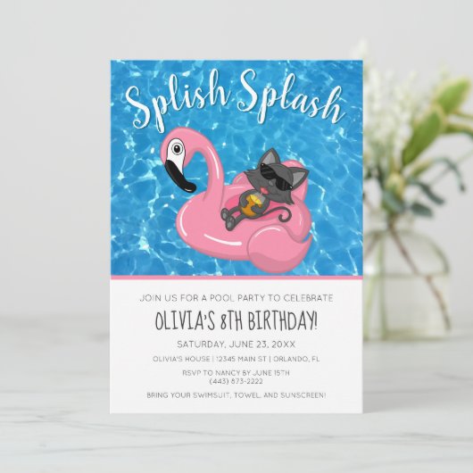 Cute Cat Flamingo Kids Pool Party Birthday 招待状 (スタンド正面)