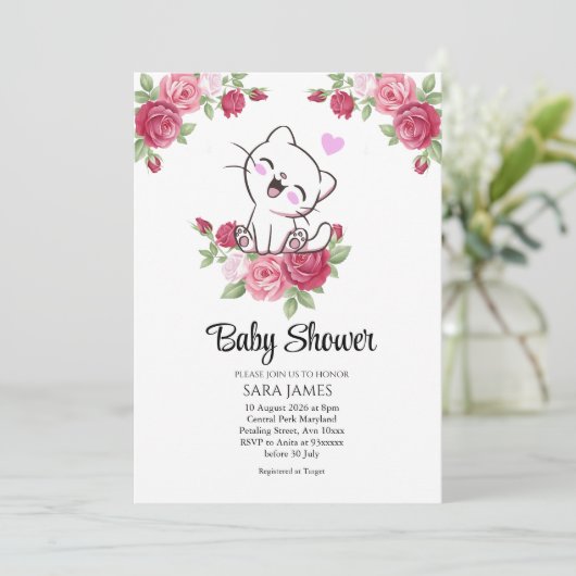 Cute Cat Floral Baby Shower Invitation 招待状 (スタンド正面)