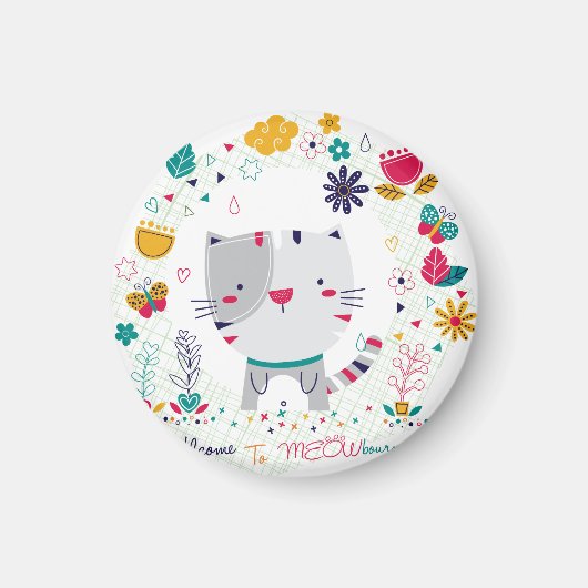 Cute Cat Floral Design マグネット (正面)