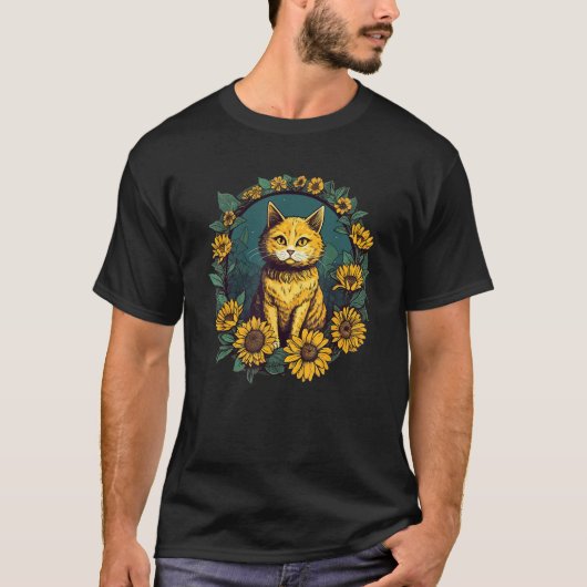 Cute Cat Florist Beautiful Yellow Flower Floral Su Tシャツ (正面)