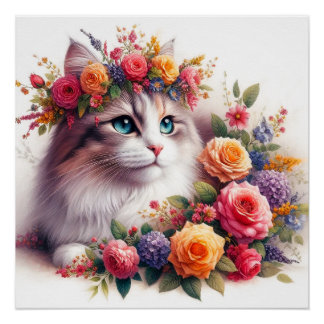 Cute cat flowers painting ポスター