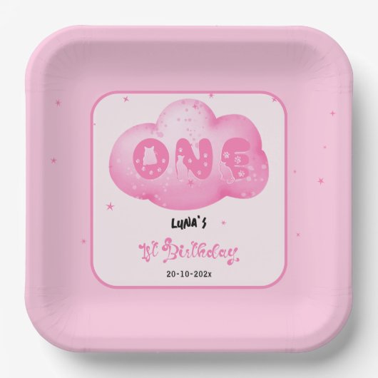 Cute Cat Font Watercolor Pink Cloud 1st Birthday ペーパープレート (正面)