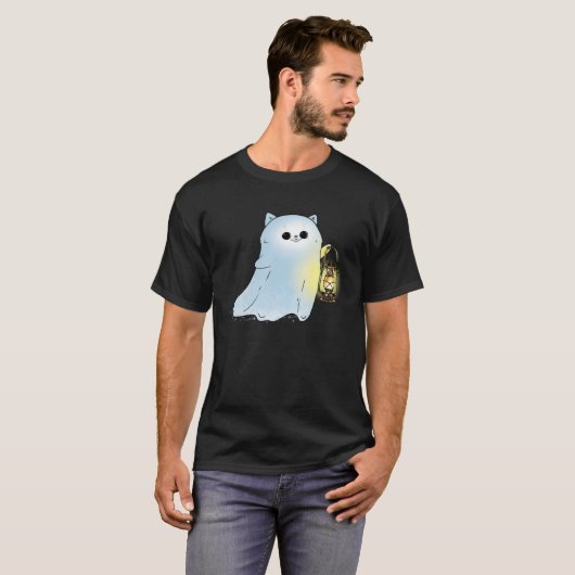 Cute Cat Ghost With Lantern Spook Phantom Hallowee Tシャツ (正面フル)
