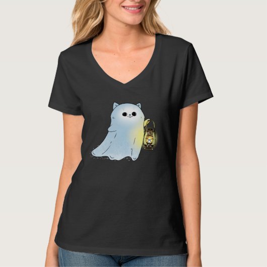 Cute Cat Ghost With Lantern Spook Phantom Hallowee Tシャツ (正面)