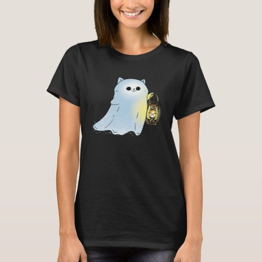 Cute Cat Ghost With Lantern Spook Phantom Hallowee Tシャツ (正面)