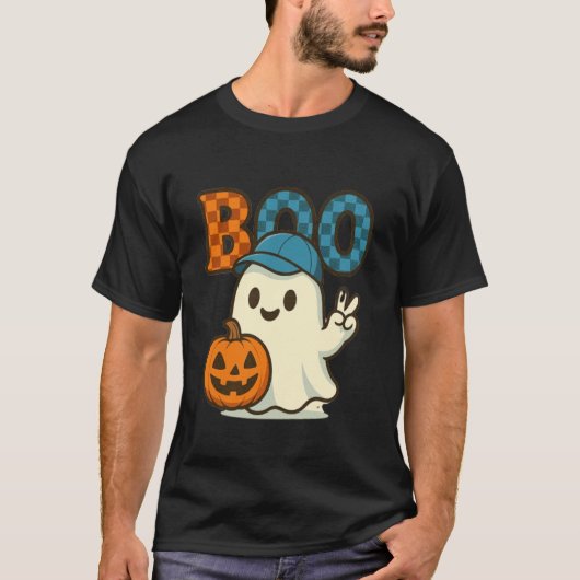 Cute Cat Ghost with Pumpkins Halloween Women Men K Tシャツ (正面)