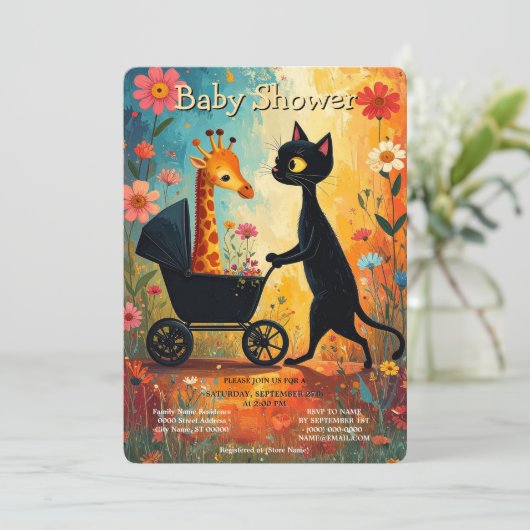 Cute Cat Giraffe Baby Shower Invitation 招待状 (スタンド正面)