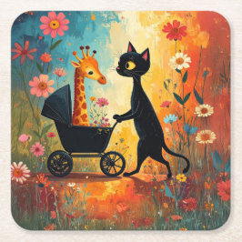 Cute Cat Giraffe Paper Coaster スクエアペーパーコースター