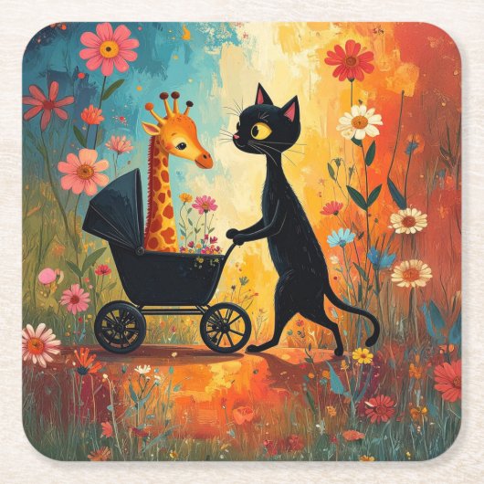 Cute Cat Giraffe Paper Coaster スクエアペーパーコースター (正面)