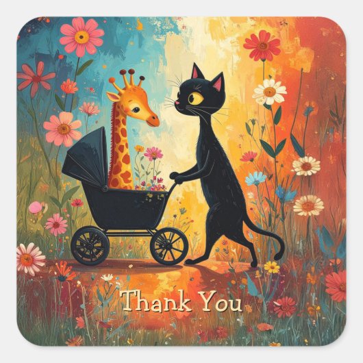 Cute Cat Giraffe Sticker スクエアシール (正面)