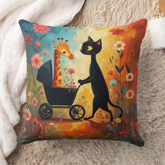 Cute Cat Giraffe Throw Pillow クッション (ブランケット)