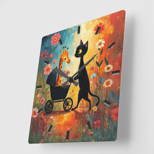Cute Cat Giraffe Wall Clock スクエア壁時計 (傾斜)