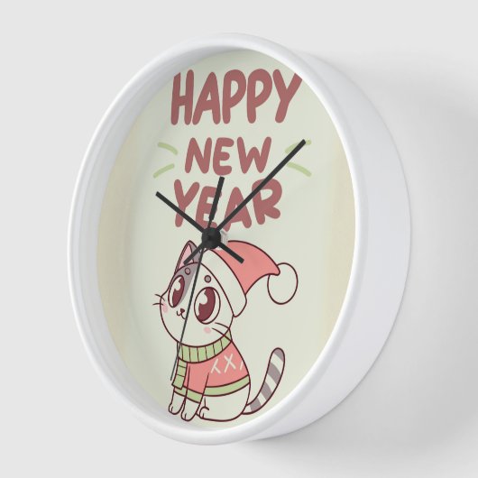 cute cat happy new year clock 壁時計 (傾斜)