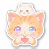 Cute Cat Heart Hands with Hamster on Head Sticker シール (正面)