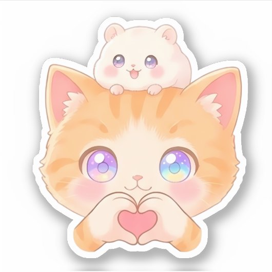 Cute Cat Heart Hands with Hamster on Head Sticker シール (正面)