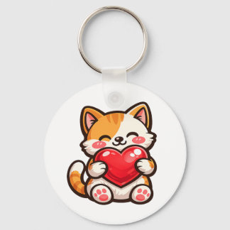 Cute Cat Heart – Kawaii Cat Hugging Red Heart, Cut キーホルダー