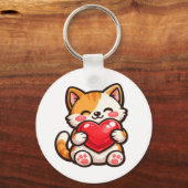 Cute Cat Heart – Kawaii Cat Hugging Red Heart, Cut キーホルダー (正面)