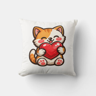 Cute Cat Heart – Kawaii Cat Hugging Red Heart, Cut クッション
