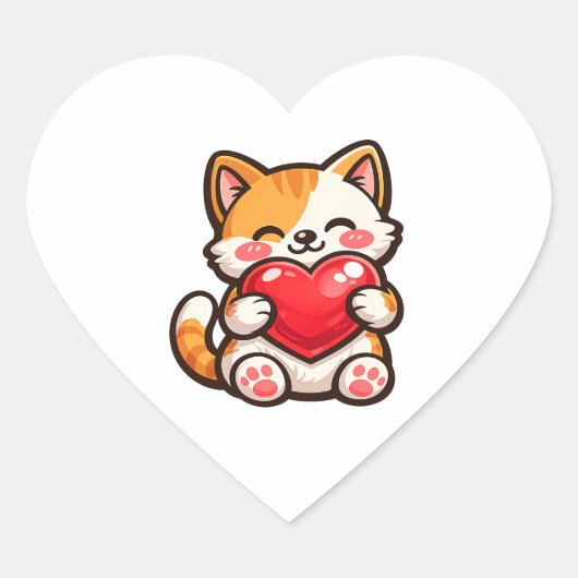 Cute Cat Heart – Kawaii Cat Hugging Red Heart, Cut ハートシール (正面)