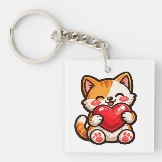 Cute Cat Heart Keychain – Kawaii Cat Hugging  キーホルダー (正面)