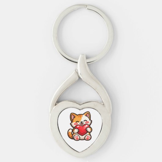 Cute Cat Heart Keychain – Kawaii Cat with Red Hear キーホルダー (正面)