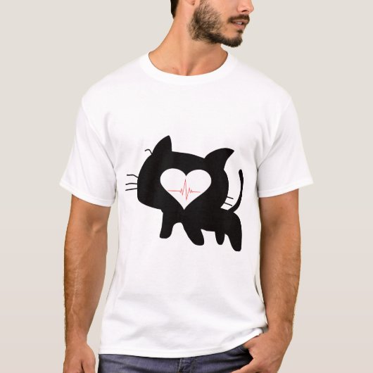 Cute Cat Heartbeat Minimalist Black Cat Love Tシャツ (正面)