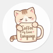 Cute Cat Hug Coffee Love Language ラウンドシール (正面)