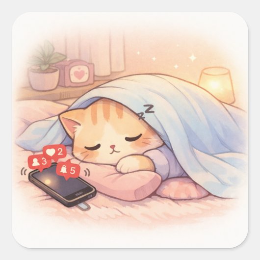 Cute Cat Ignoring Phone Introvert Antisocial Humor スクエアシール (正面)