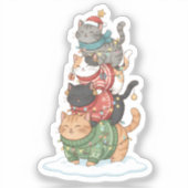 Cute Cat Illustration Art, Kawaii Cat Stack Design シール (正面)