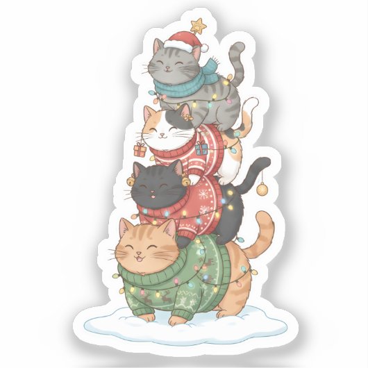 Cute Cat Illustration Art, Kawaii Cat Stack Design シール (正面)