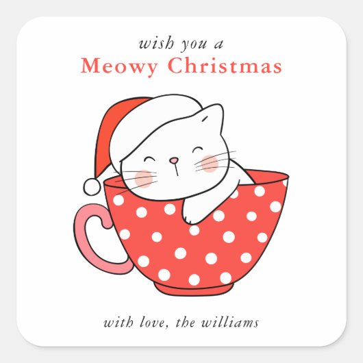 Cute Cat Illustration Red & White Meowy Christmas スクエアシール (正面)