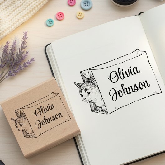 Cute Cat in a Bag Signature Name Wooden Stamp ラバースタンプ