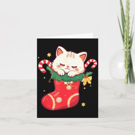 Cute Cat In Christmas Stocking Kawaii Anime Xmas G カード (正面)