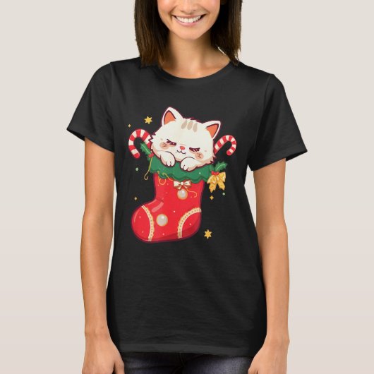 Cute Cat In Christmas Stocking Kawaii Anime Xmas G Tシャツ (正面)