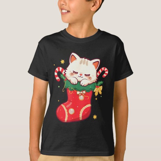 Cute Cat In Christmas Stocking Kawaii Anime Xmas G Tシャツ (正面)