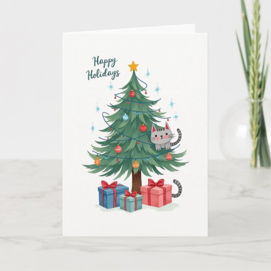 Cute Cat In Christmas Tree Illustrated Card カード (正面)